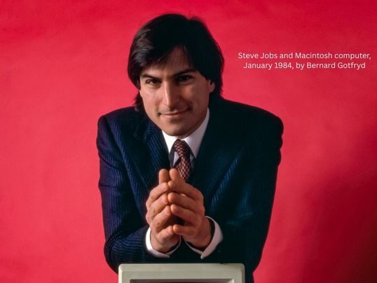Steve Jobs and Macintosh computer, January 1984, by Bernard Gotfryd