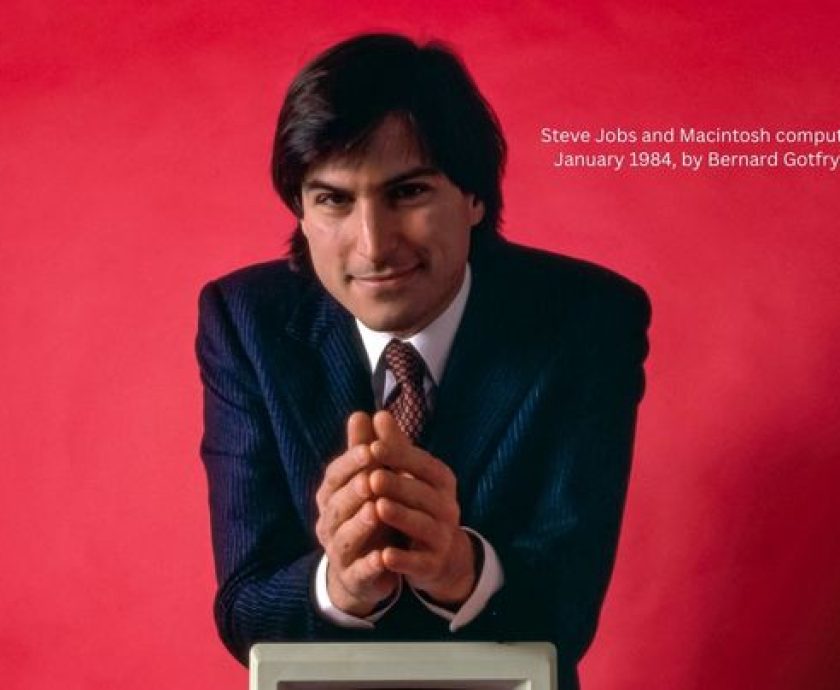Steve Jobs and Macintosh computer, January 1984, by Bernard Gotfryd